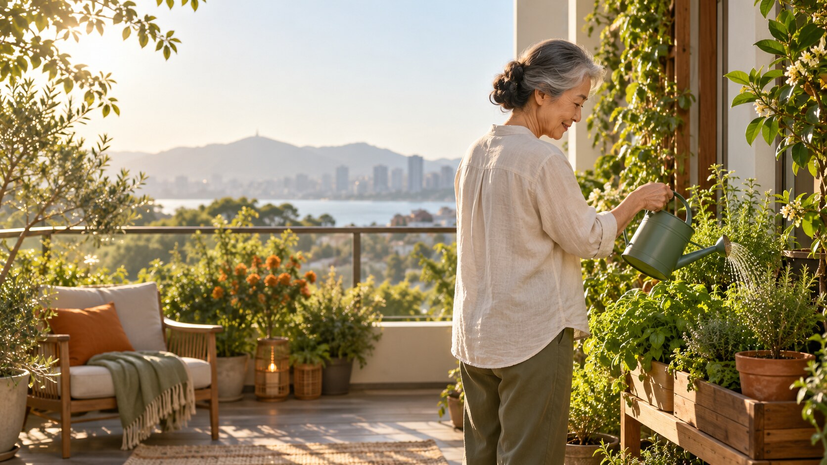 Older woman tending a home herb garden on a sunny balcony