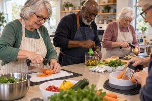 Older adults preparing vegetables together at a cooking workshop with wide-grip utensils and non-slip mats visible.