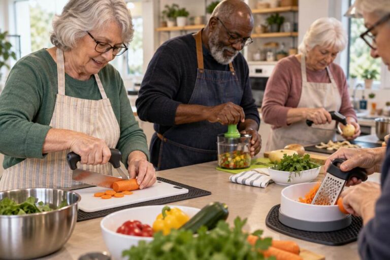 Older adults preparing vegetables together at a cooking workshop with wide-grip utensils and non-slip mats visible.