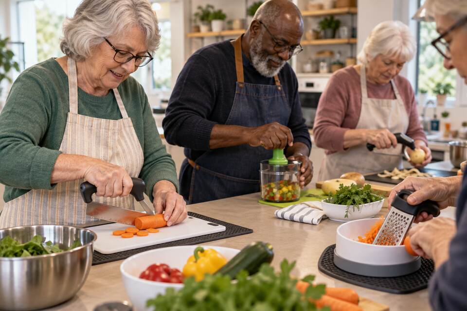 Older adults taking part in a hands-on cooking workshop with adaptive tools