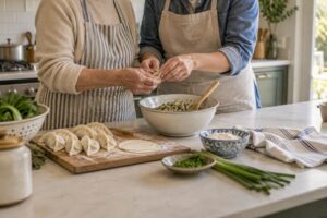 An older adult and a supporting adult preparing dumplings together in a home kitchen