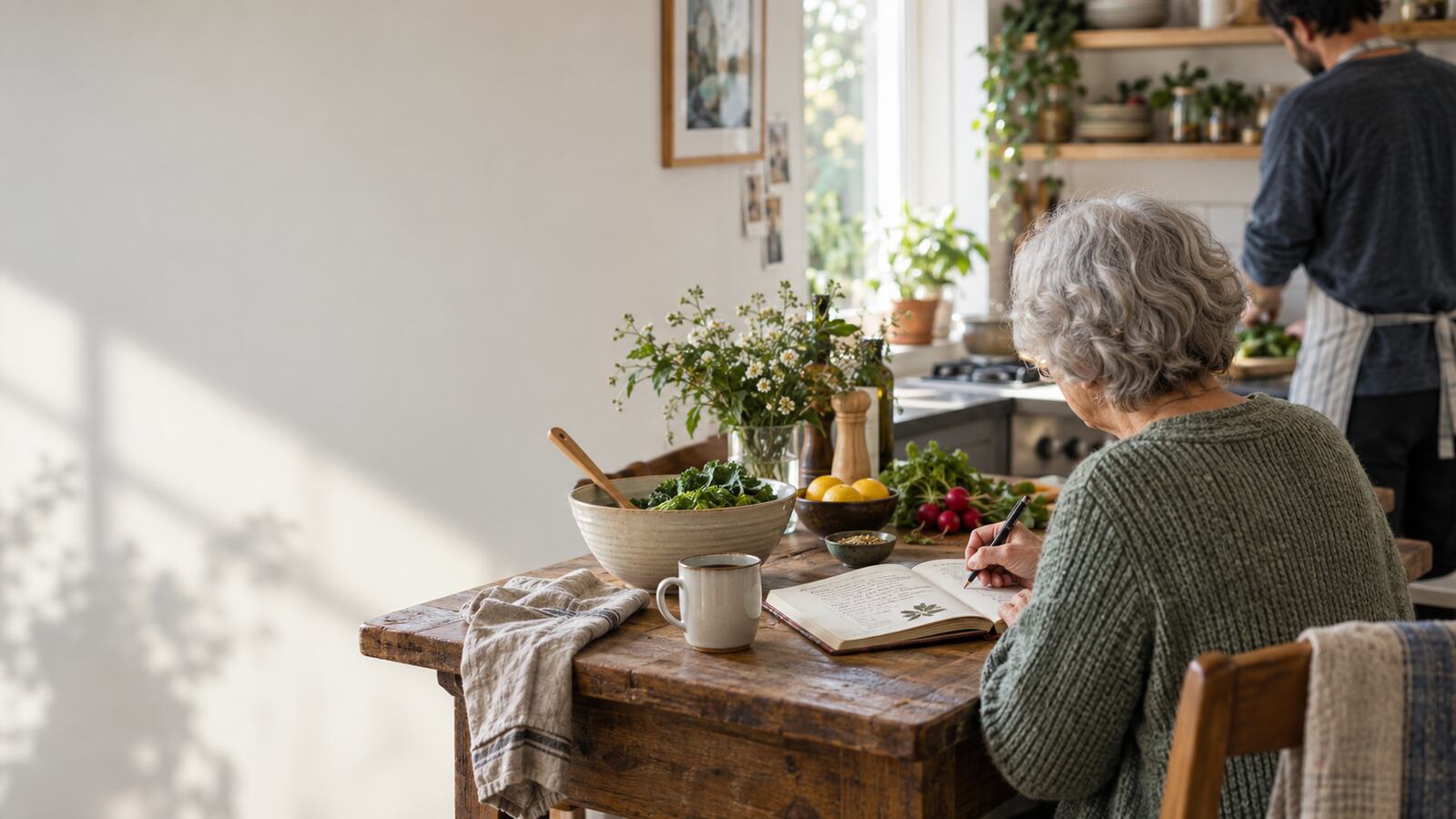An older woman writing in a recipe book at a kitchen table while another person prepares food nearby