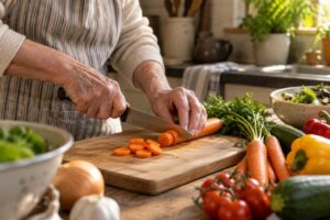 Older adult hands preparing fresh vegetables in a warm home kitchen.