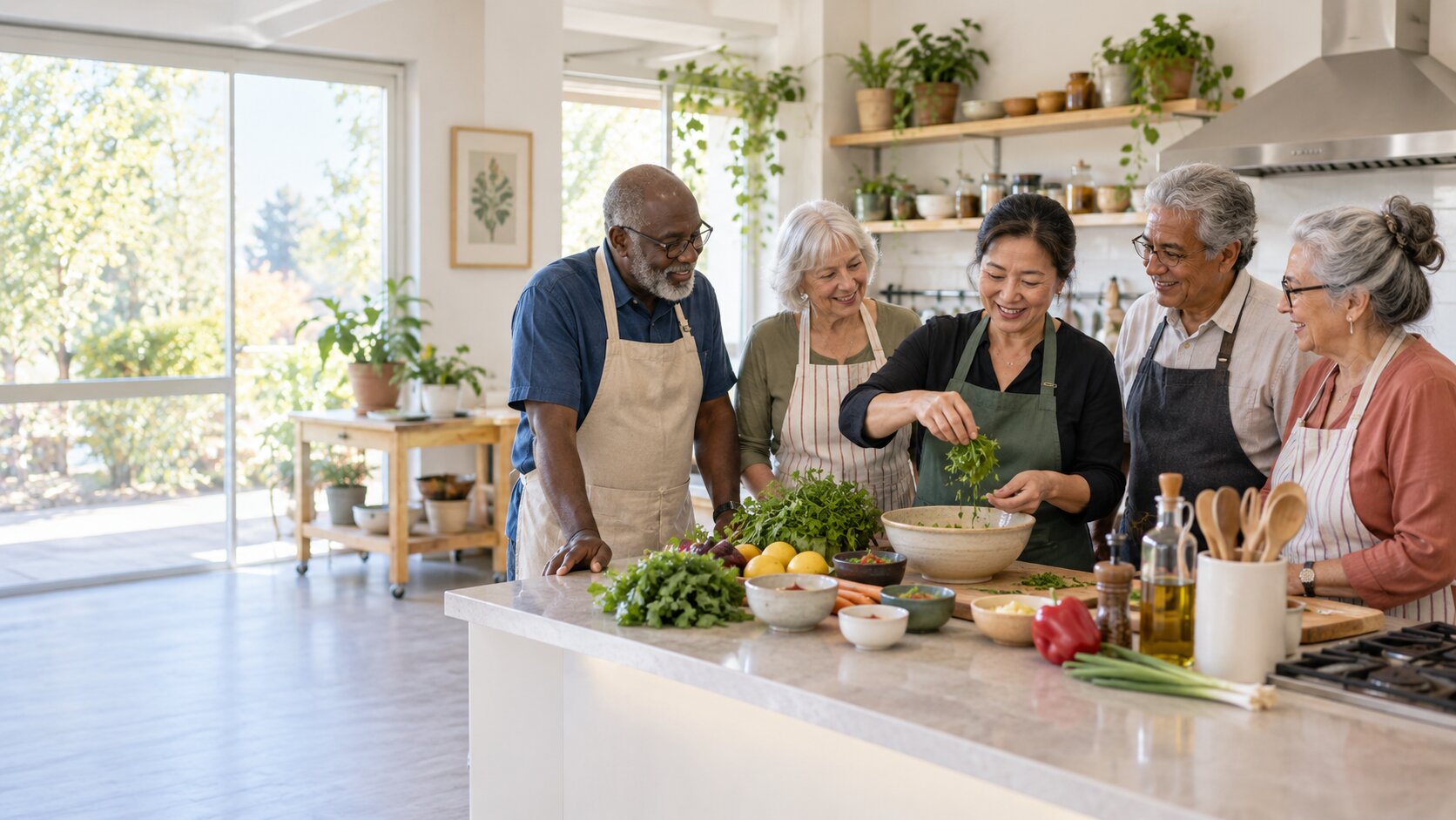 Older adults taking part in a hands-on cooking workshop with a facilitator in a bright, welcoming kitchen.